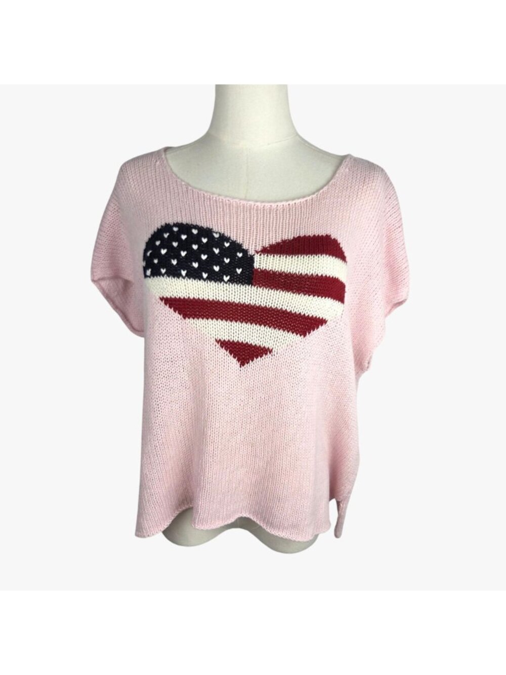 Wooden Ships American Flag Heart Sweater Top L Pink Open Knit Short Sleeve Beach - Picture 2 of 9